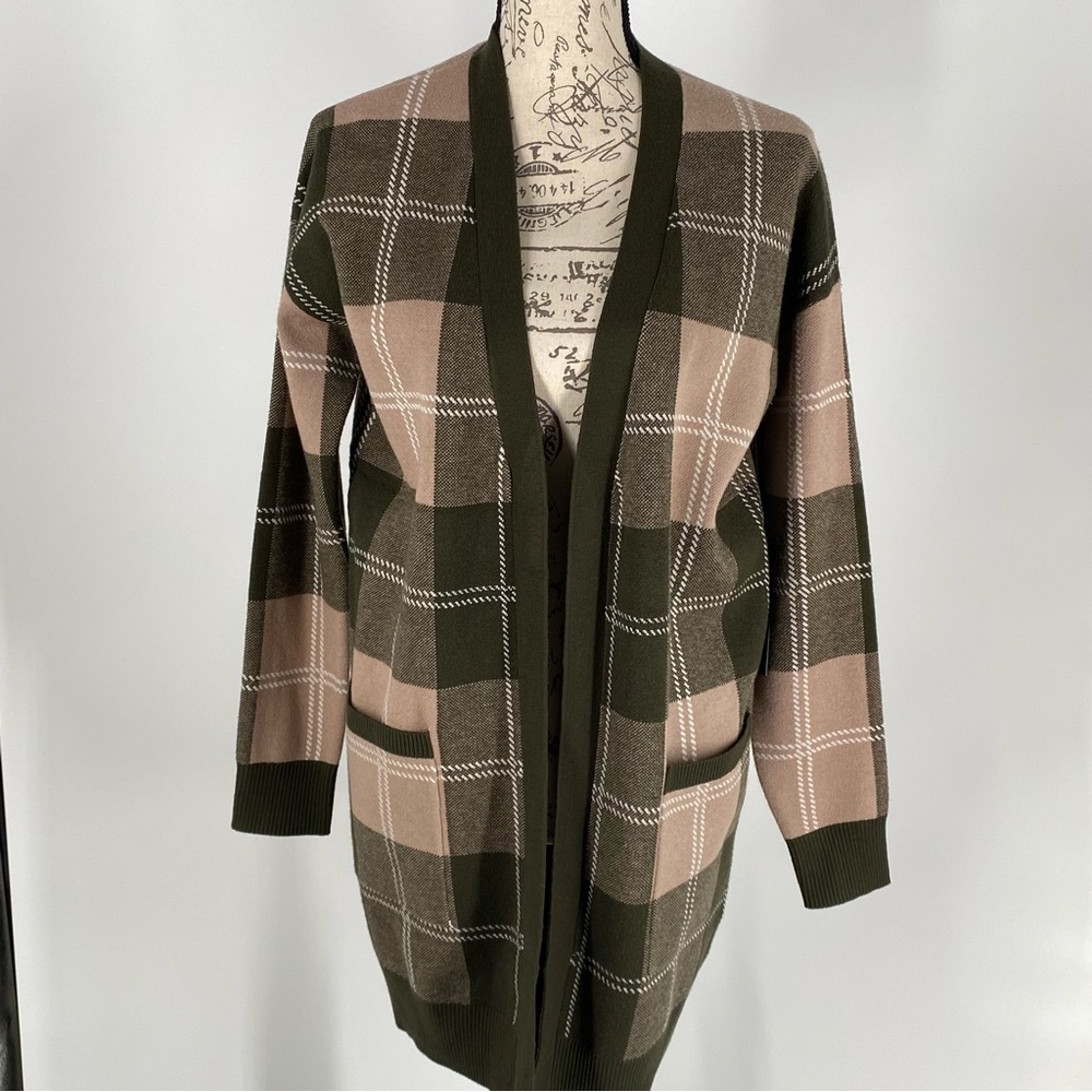 Rachel Zoe New‎ Green Plaid Open Cardigan Sweater S